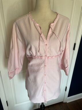Angelique Light Pink Button-Down Cotton Tunic Shirt Ruffle Detail Size 2X
